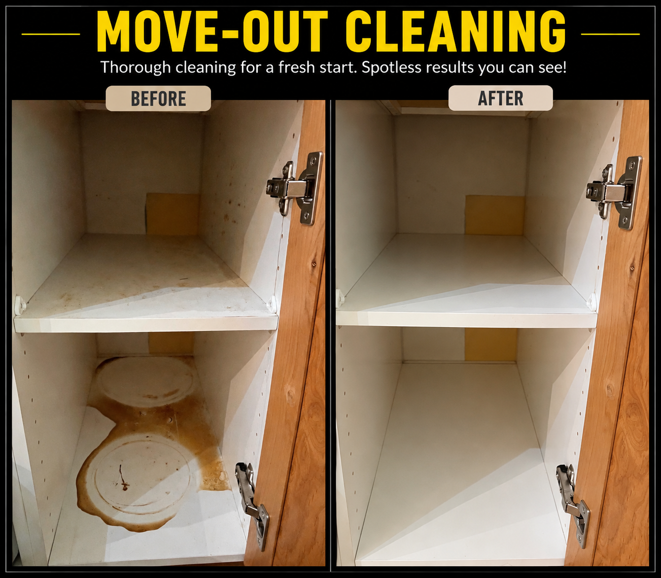 Kitchen cabinet interior before and after EcoShine move-out cleaning