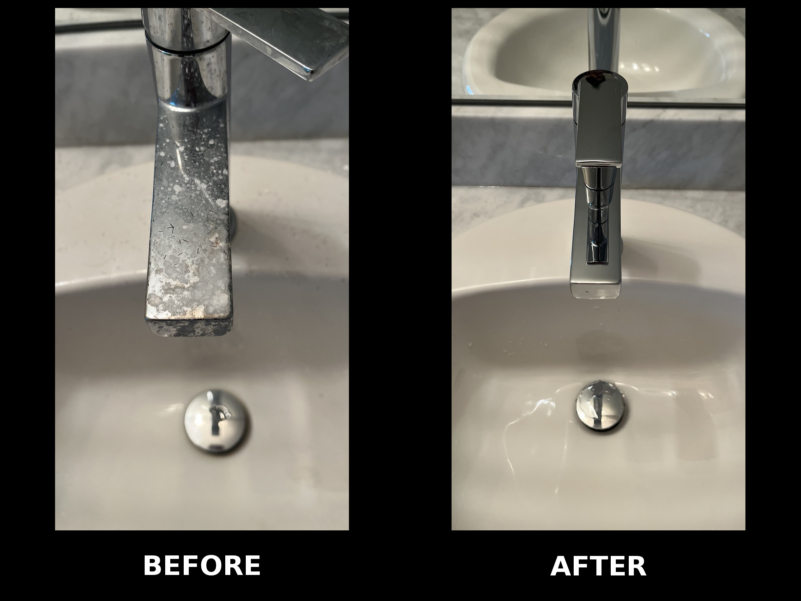 Bathroom faucet before and after EcoShine mineral buildup removal