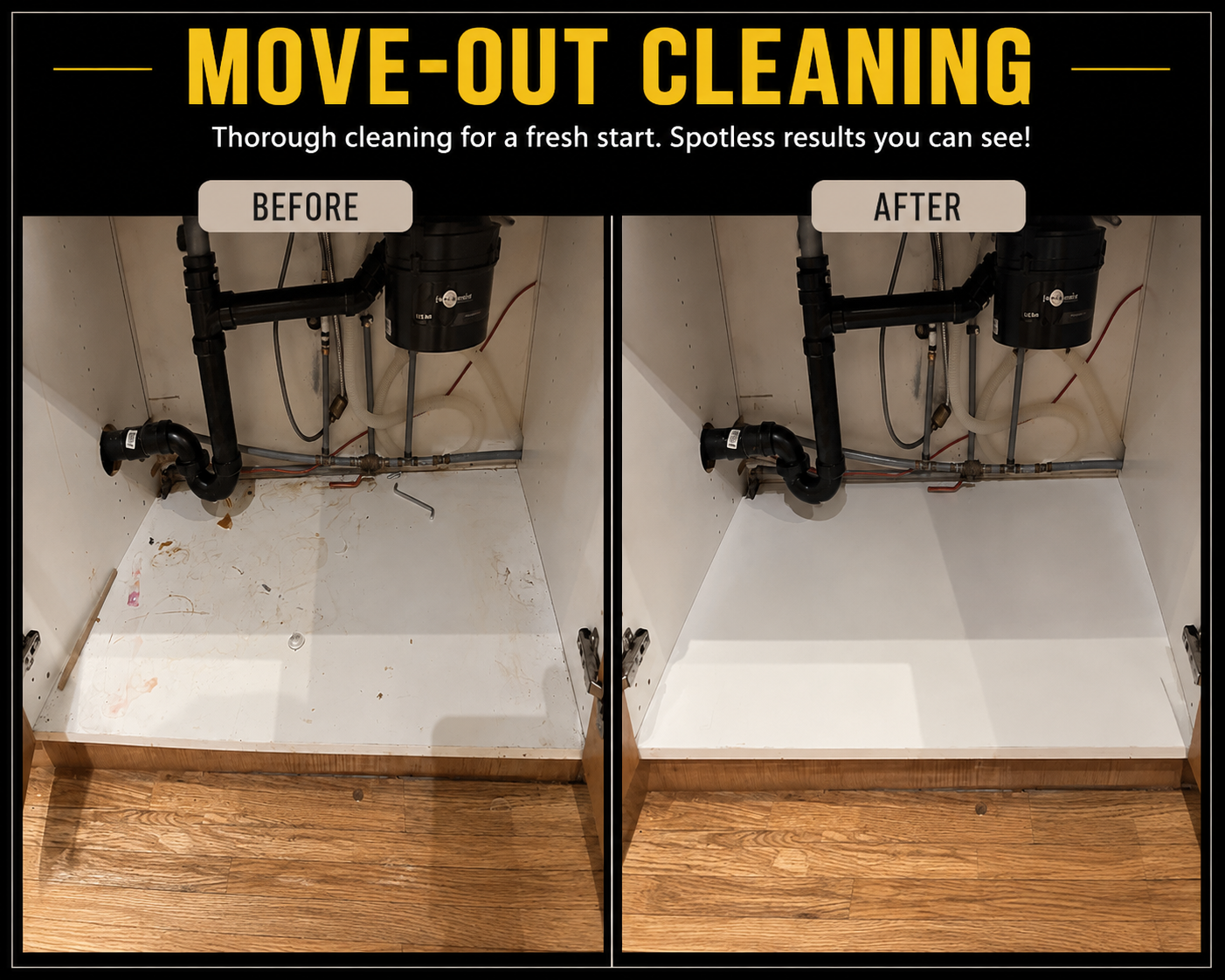 Under-sink cabinet before and after EcoShine move-out cleaning