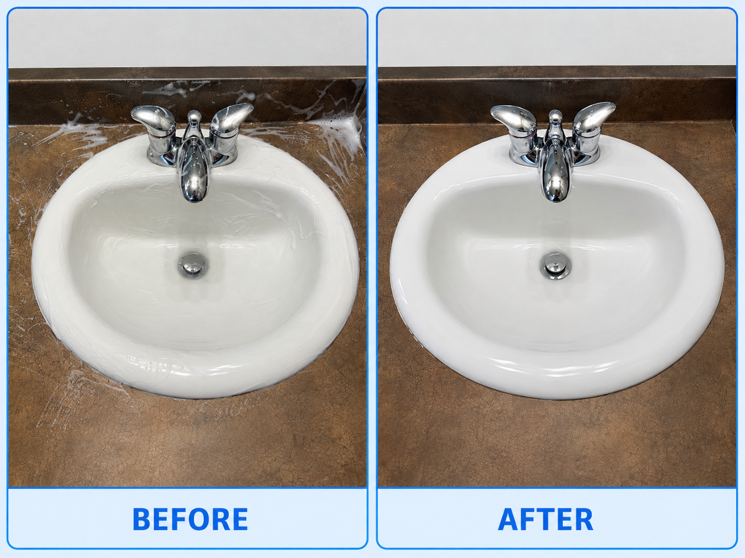 Bathroom sink and counter before and after EcoShine cleaning