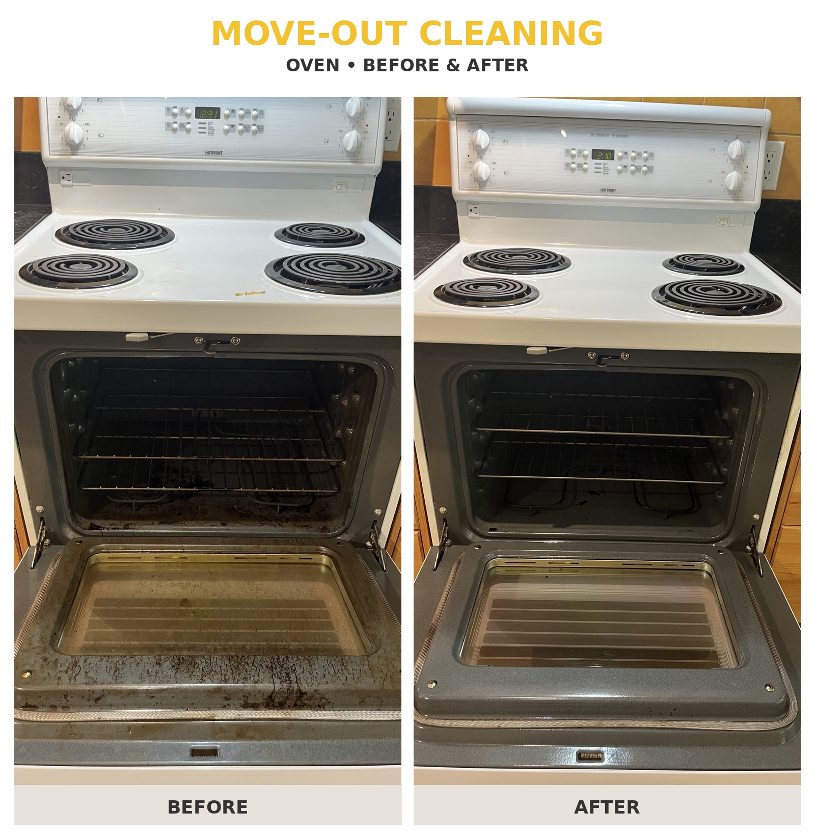 Oven and stovetop before and after EcoShine move-out cleaning