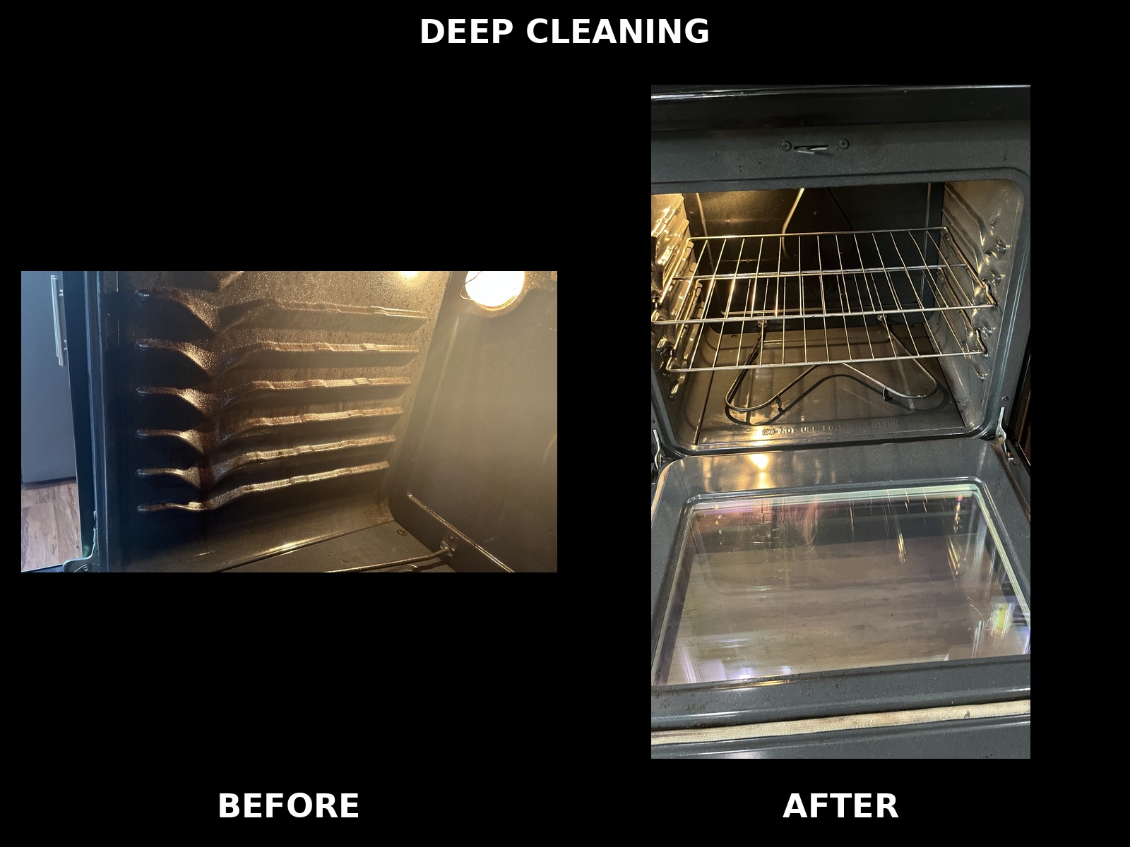 Oven interior before and after EcoShine deep cleaning
