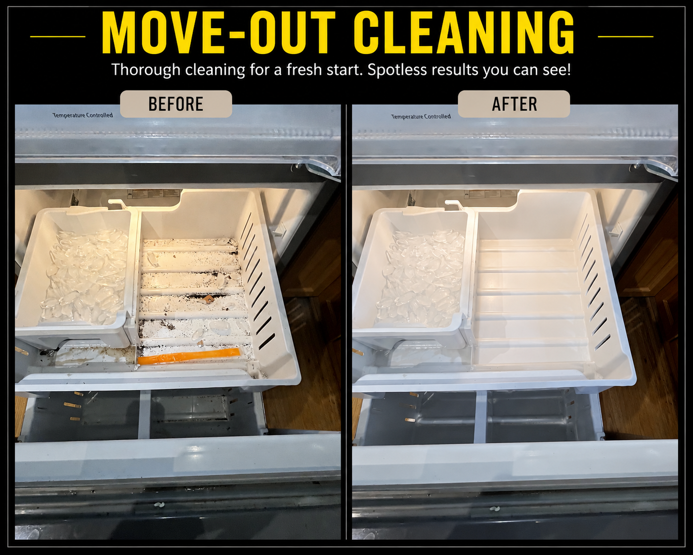 Freezer drawer before and after EcoShine move-out cleaning