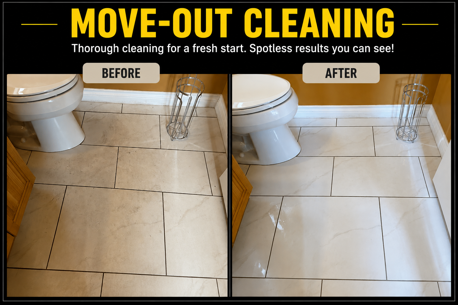 Bathroom tile floor before and after EcoShine move-out cleaning