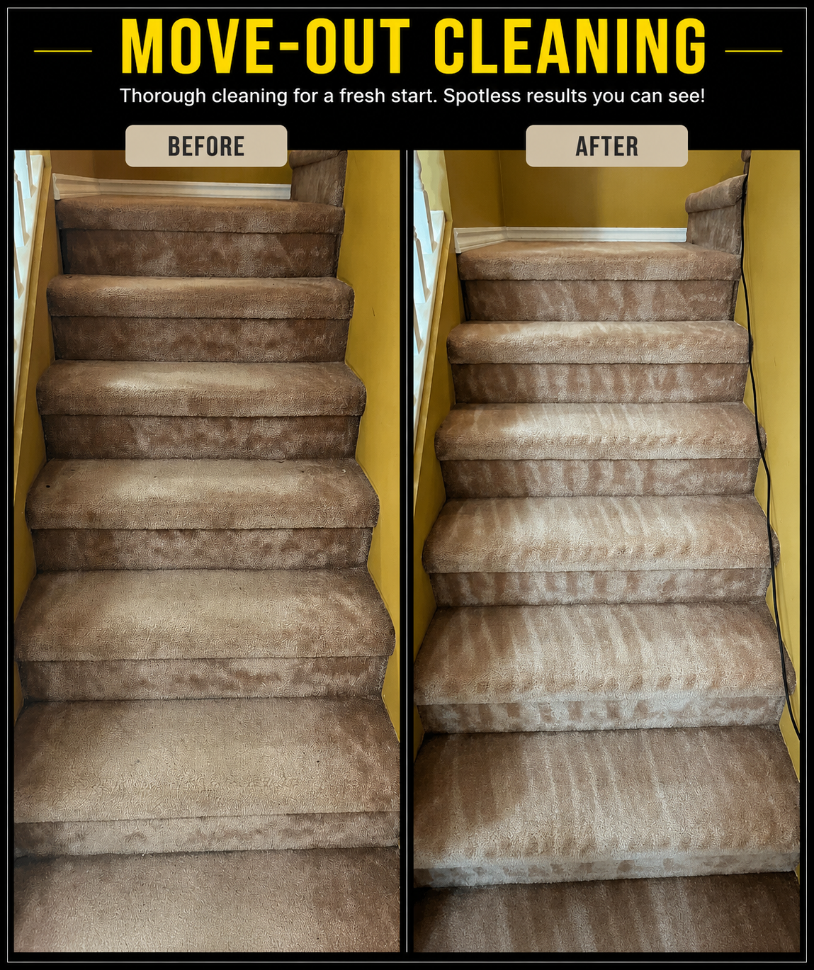 Carpeted stairs before and after EcoShine move-out cleaning