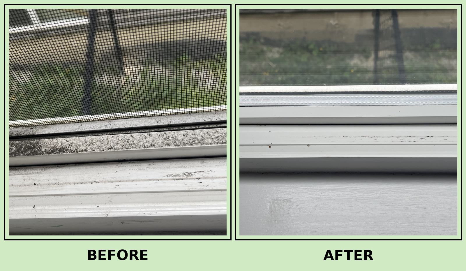 Window sill and track before and after EcoShine cleaning