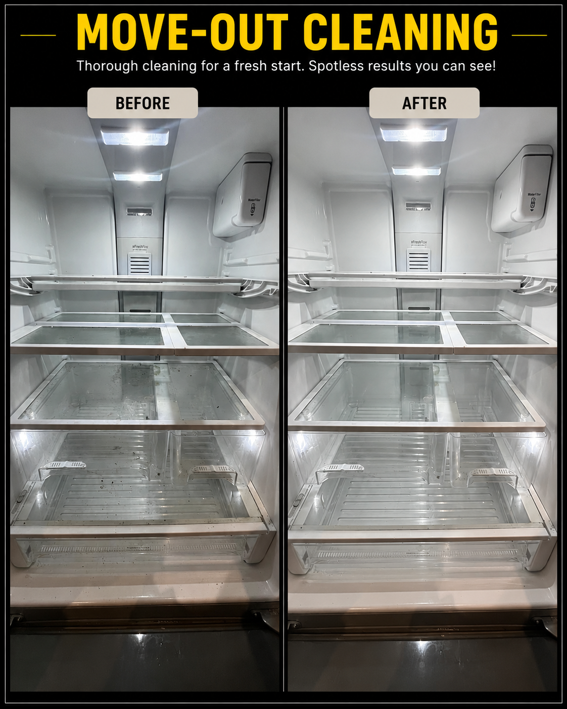 Refrigerator interior before and after EcoShine move-out cleaning