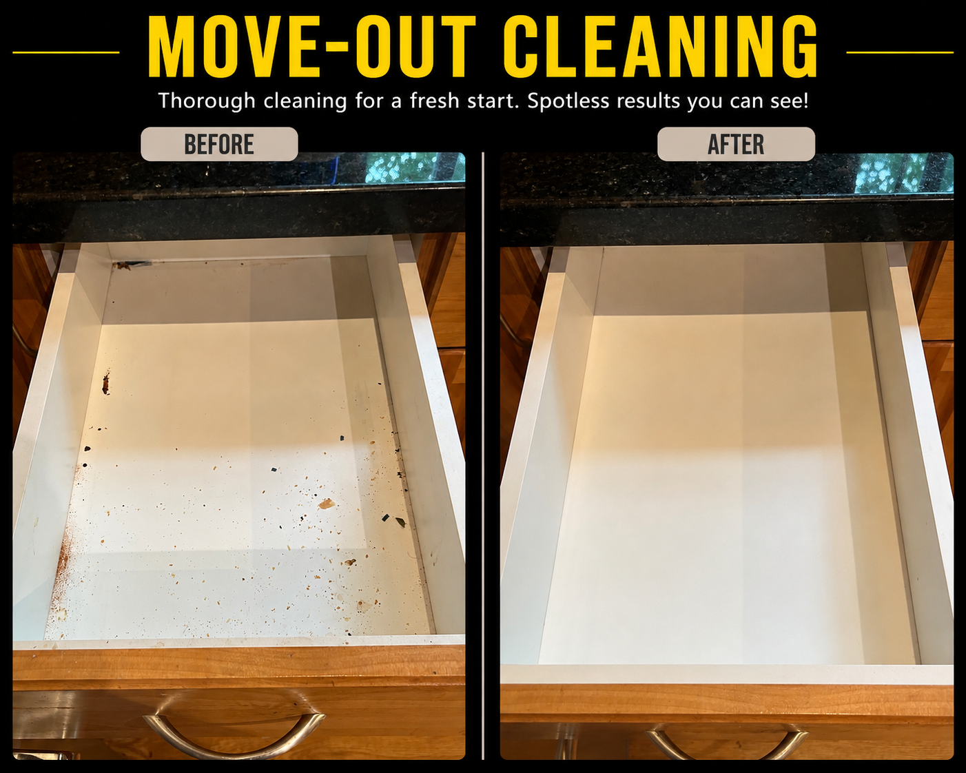 Kitchen drawer before and after EcoShine move-out cleaning