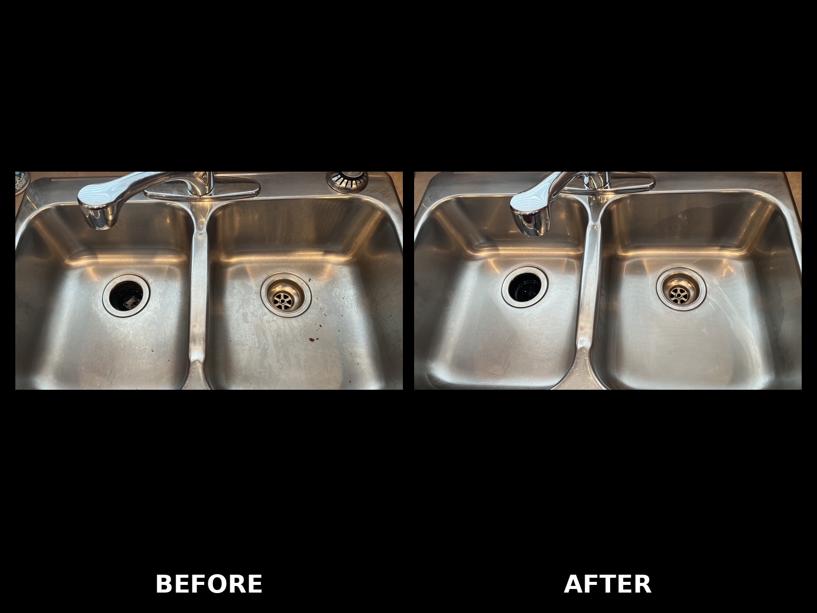 Stainless steel kitchen sink before and after EcoShine cleaning