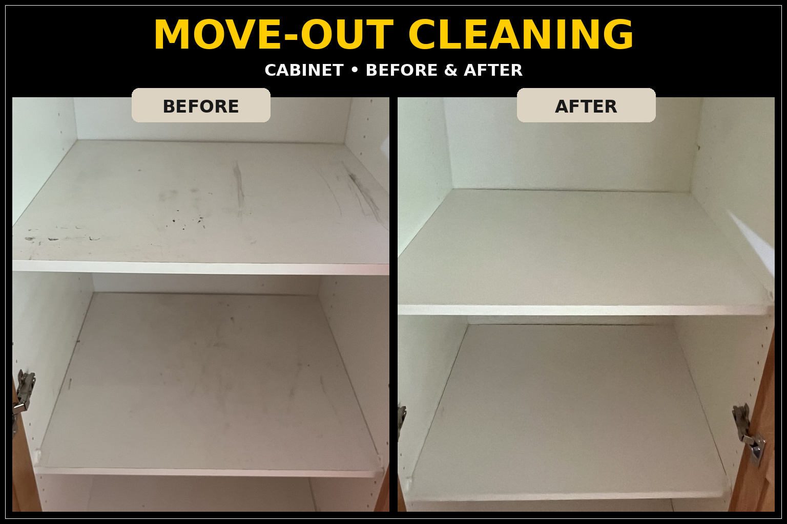 Cabinet shelves before and after EcoShine move-out cleaning