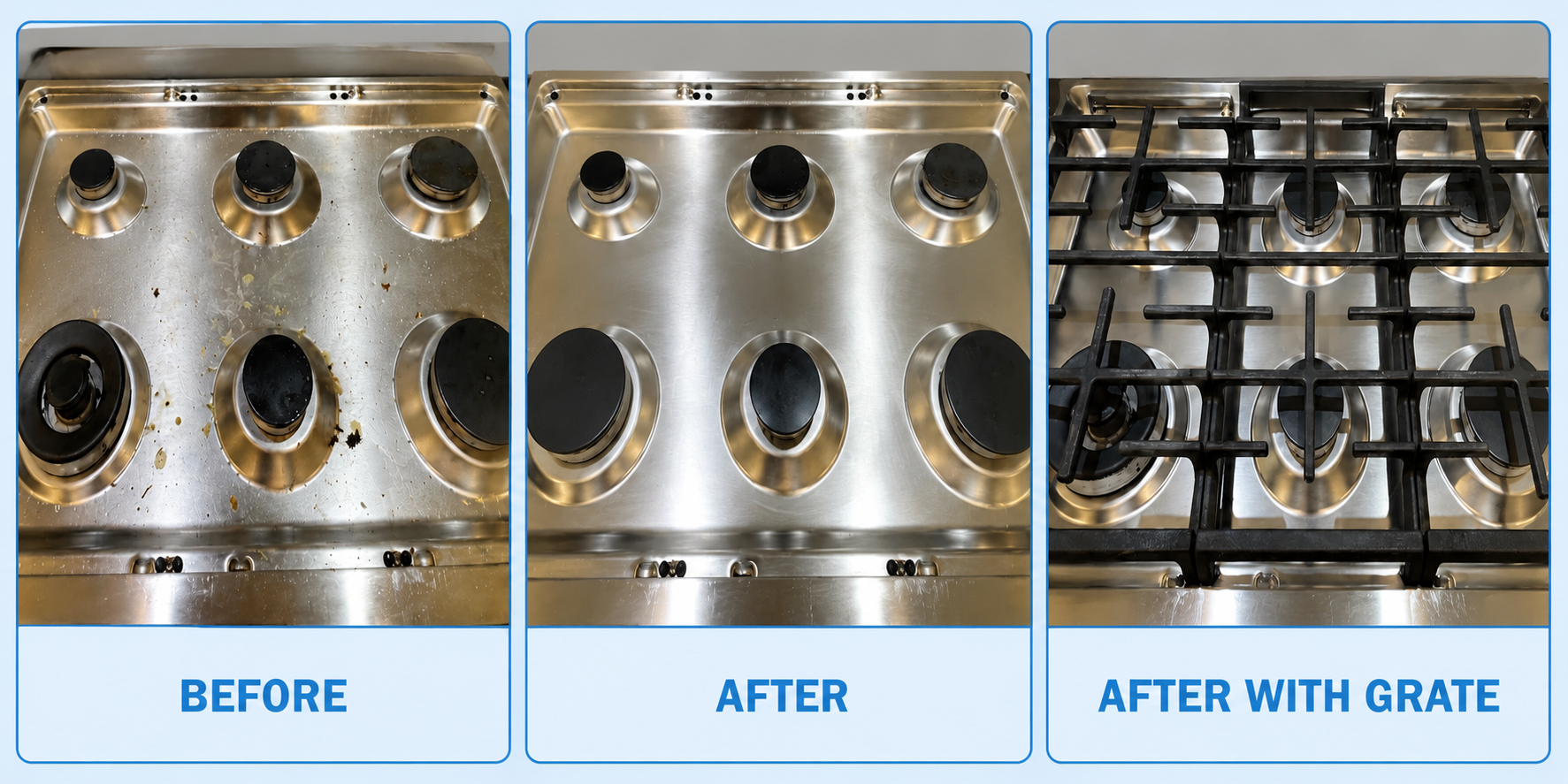 Gas stovetop before and after EcoShine cleaning