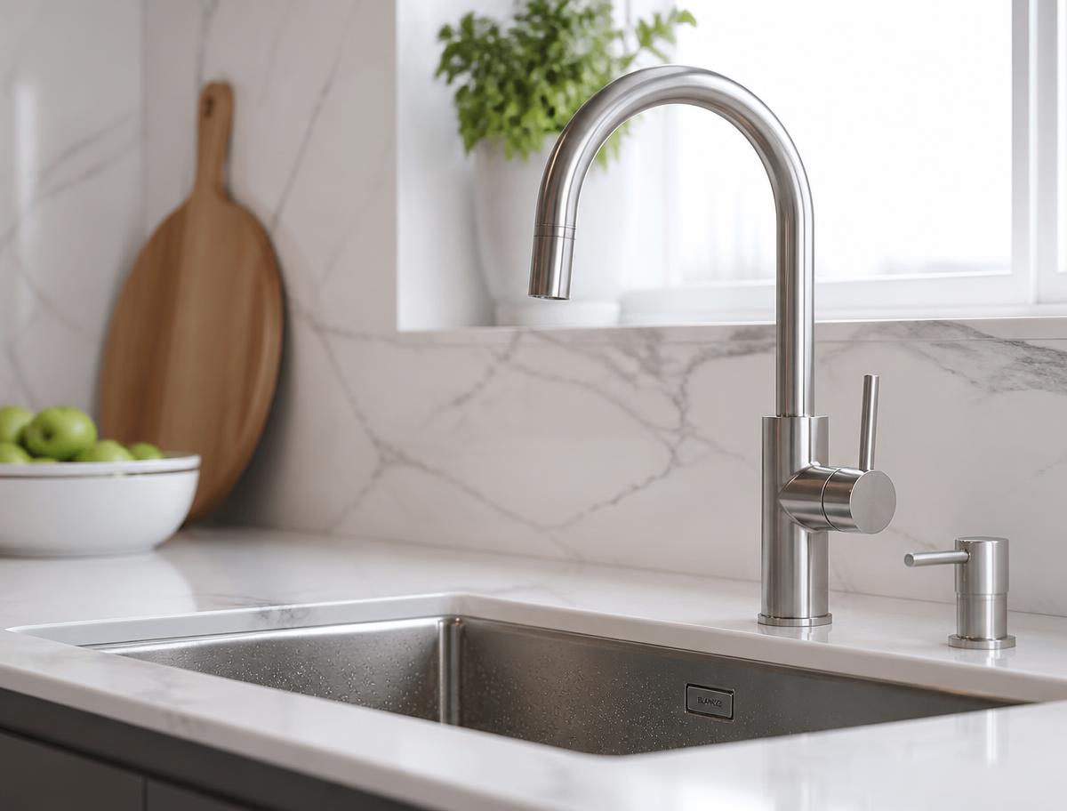 Polished kitchen faucet and sink after a detailed cleaning